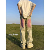Men Jeans Summer Retro Washed Distressed Loose Straight Casual Trousers